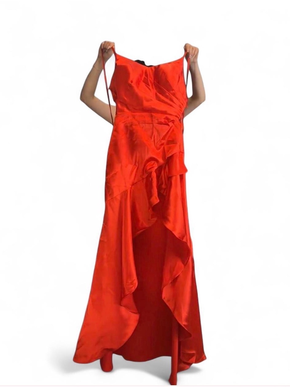 Red Ruffle High-Low Satin Evening Dress